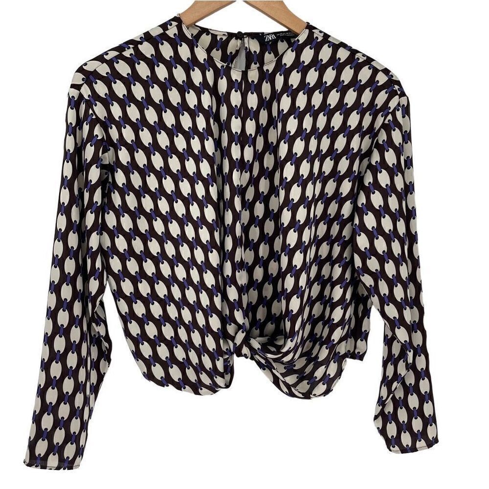 Zara Long Sleeve Twist Front Cropped Blouse Brown Cream Purple Women XS